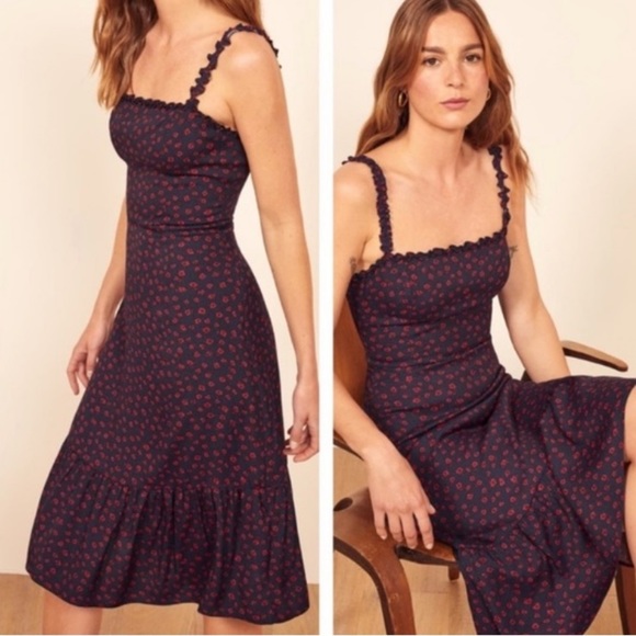 Reformation Dresses & Skirts - REFORMATION Virgil Dress Navy/Red Floral Print Ruffle Strap GRANADA Crepe Midi